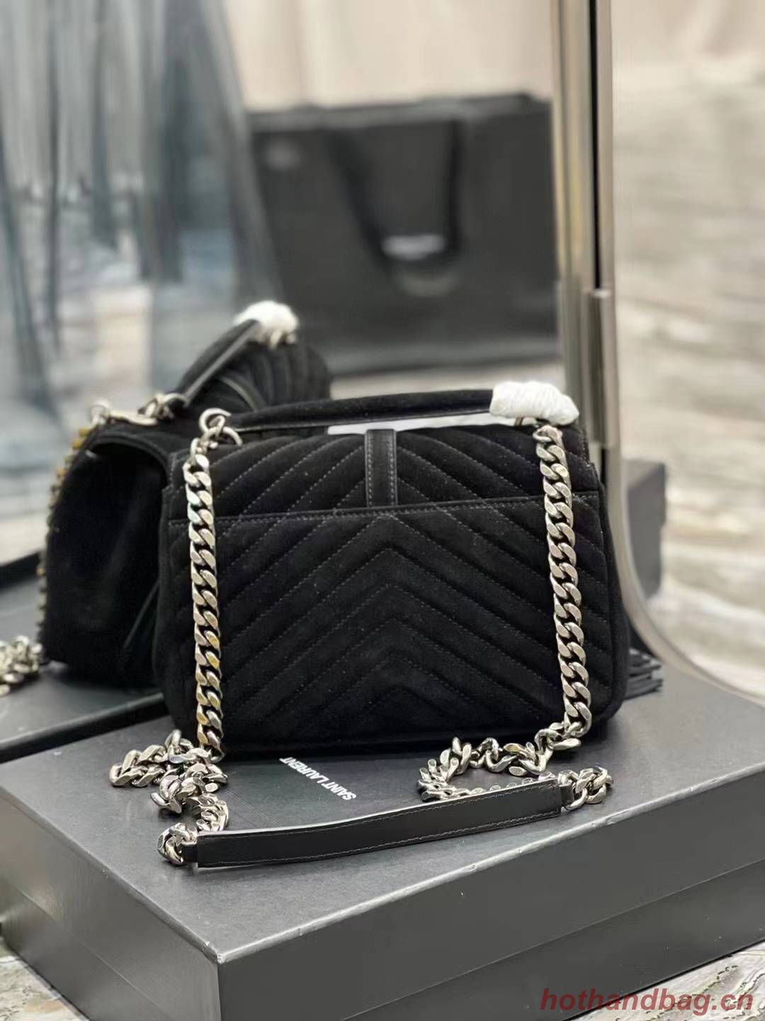 SAINT LAURENT COLLEGE MEDIUM CHAIN BAG IN LIGHT SUEDE WITH FRINGES 5317050 black