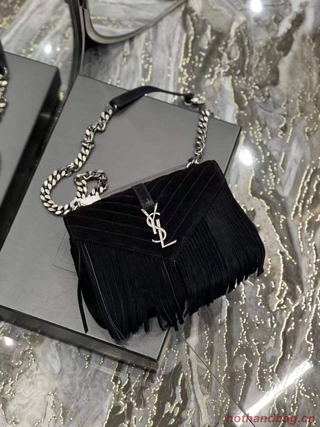 SAINT LAURENT COLLEGE MEDIUM CHAIN BAG IN LIGHT SUEDE WITH FRINGES 5317050 black