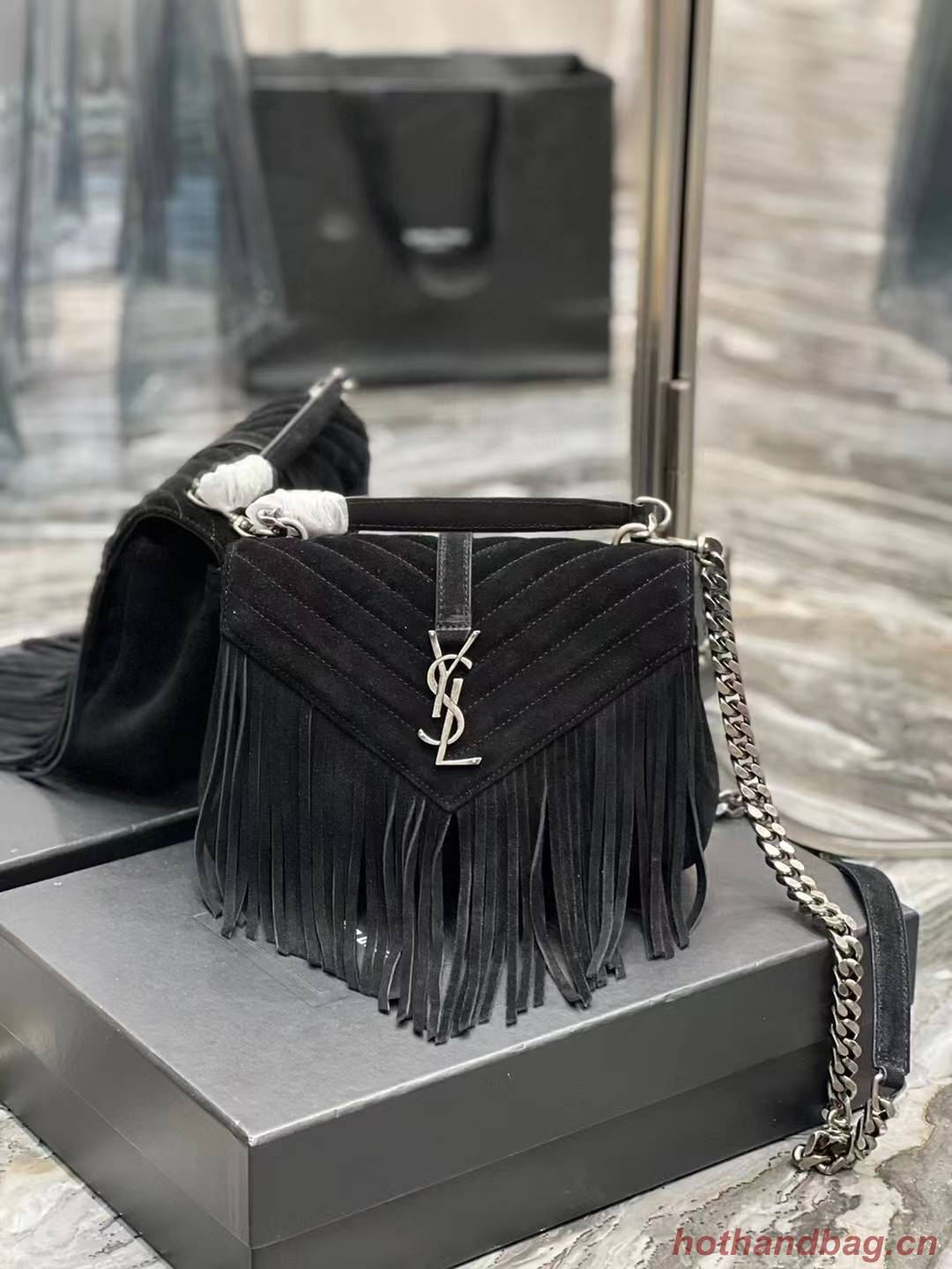 SAINT LAURENT COLLEGE MEDIUM CHAIN BAG IN LIGHT SUEDE WITH FRINGES 5317050 black