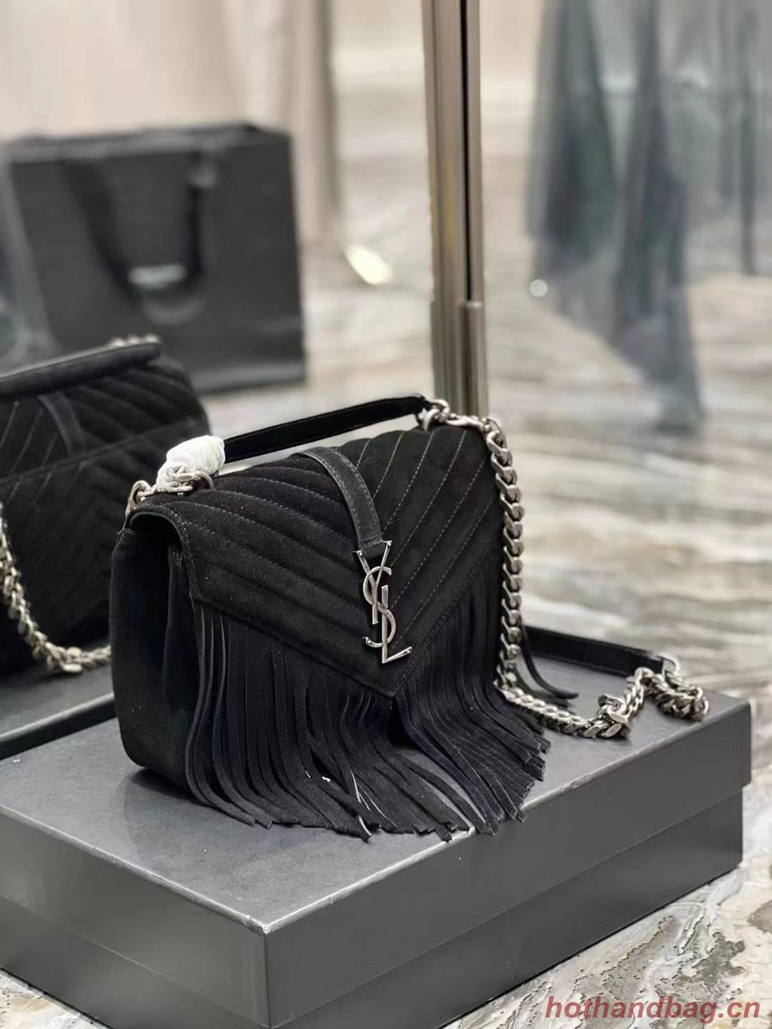 SAINT LAURENT COLLEGE MEDIUM CHAIN BAG IN LIGHT SUEDE WITH FRINGES 5317050 black