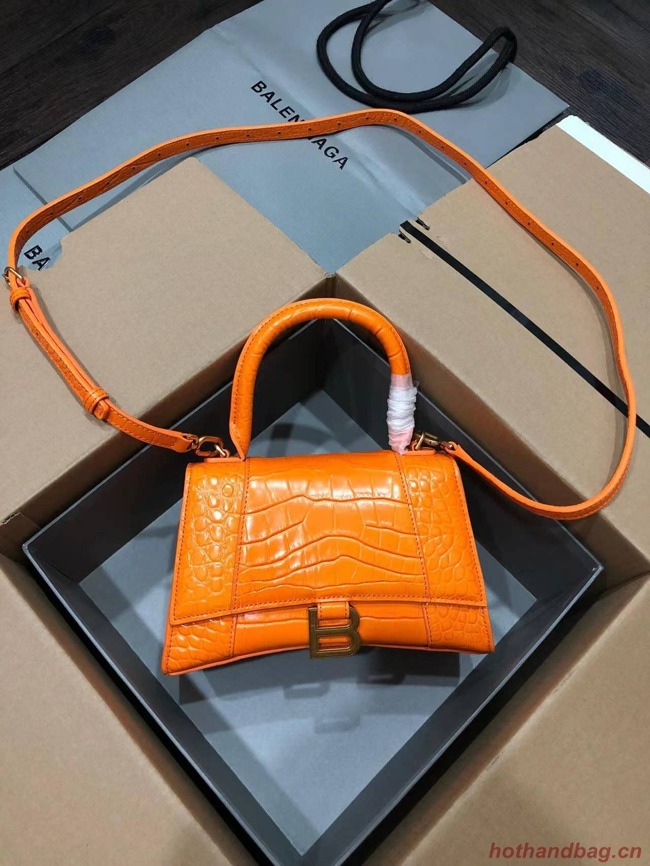 Balenciaga HOURGLASS SMALL TOP HANDLE BAG crocodile embossed calfskin B108895C Orange