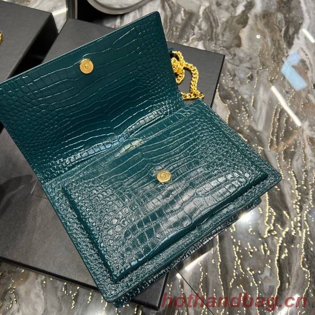 SAINT LAUREN SUNSET MEDIUM CHAIN BAG IN CROCODILE-EMBOSSED SHINY LEATHER 422906 SEA TURQUOISE