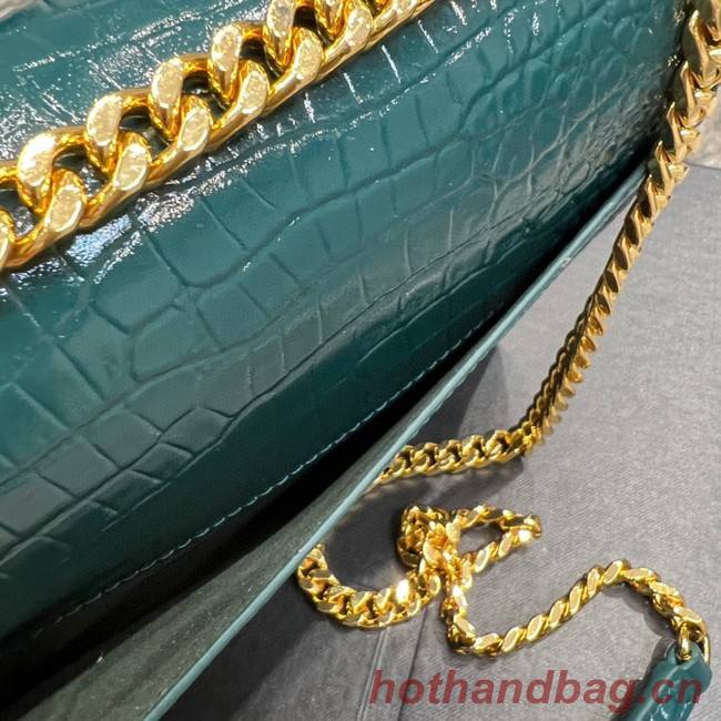 SAINT LAUREN SUNSET MEDIUM CHAIN BAG IN CROCODILE-EMBOSSED SHINY LEATHER 422906 SEA TURQUOISE