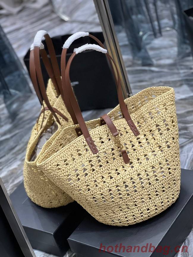 SAINT LAURENT PANIER MEDIUM BAG IN CROCHET RAFFIA AND SMOOTH LEATHER 688221 NATUREL