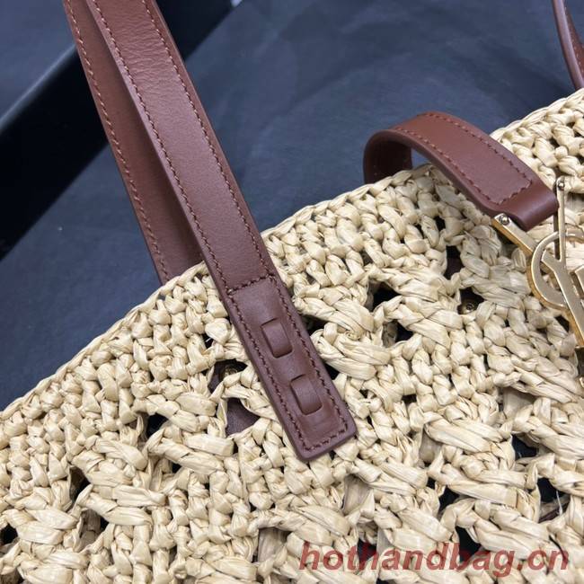 SAINT LAURENT PANIER MEDIUM BAG IN CROCHET RAFFIA AND SMOOTH LEATHER 688221 NATUREL