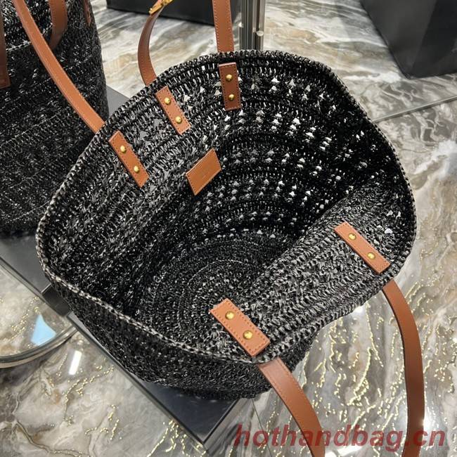 SAINT LAURENT PANIER MEDIUM BAG IN CROCHET RAFFIA AND SMOOTH LEATHER 688221 NOIR