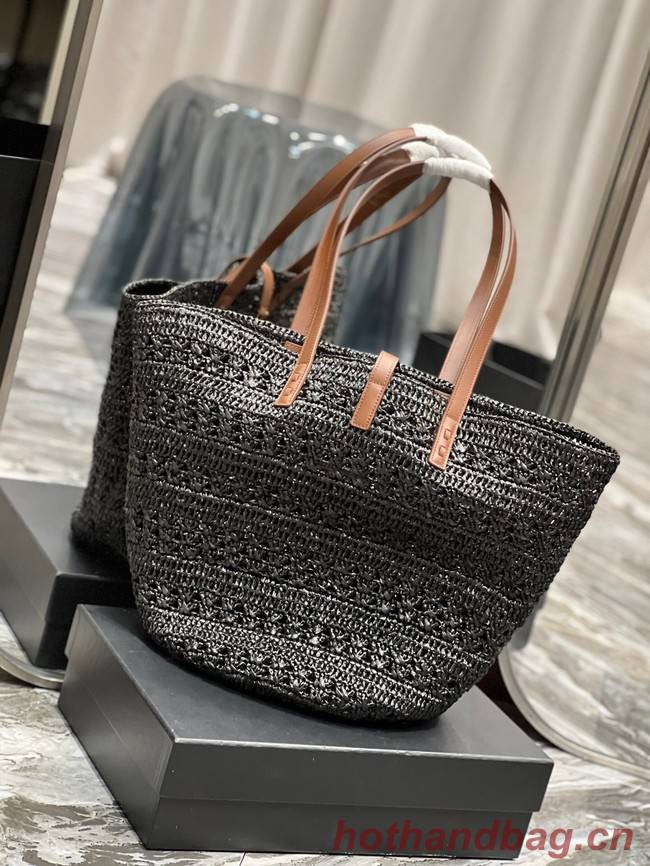 SAINT LAURENT PANIER MEDIUM BAG IN CROCHET RAFFIA AND SMOOTH LEATHER 688221 NOIR