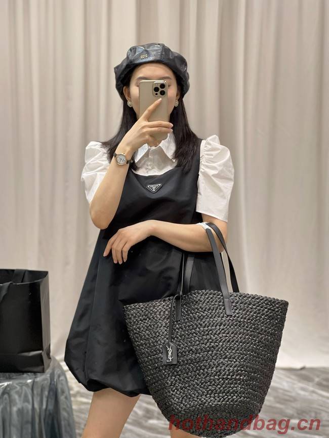 SAINT LAURENT PANIER MEDIUM BAG IN RAFFIA 693242 BLACK