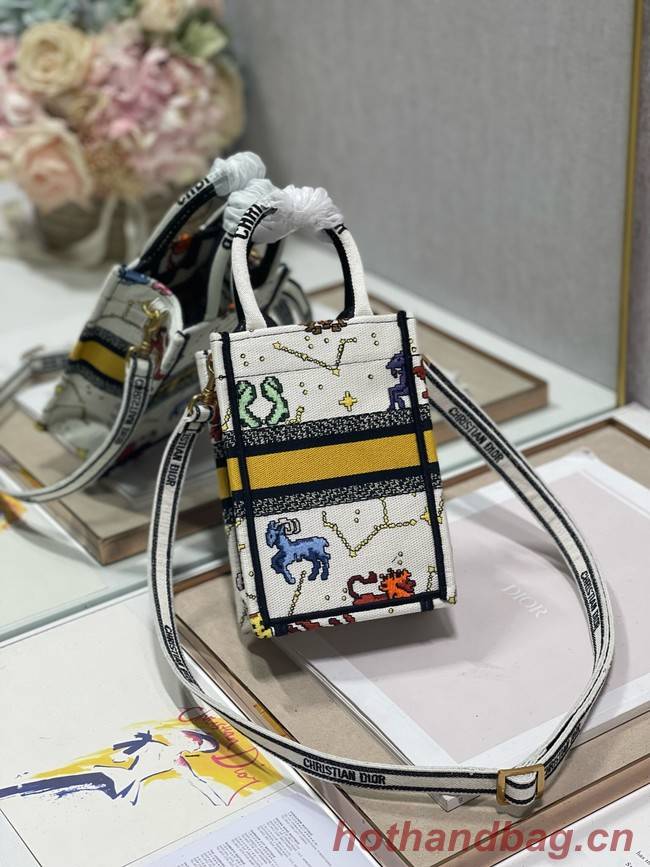 DIOR MINI DIOR BOOK TOTE PHONE BAG Latte Multicolor Dior Pixel Zodiac Embroidery S5555CR