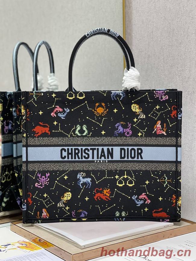 LARGE DIOR BOOK TOTE Black Multicolor Dior Pixel Zodiac Embroidery M1286ZRTY