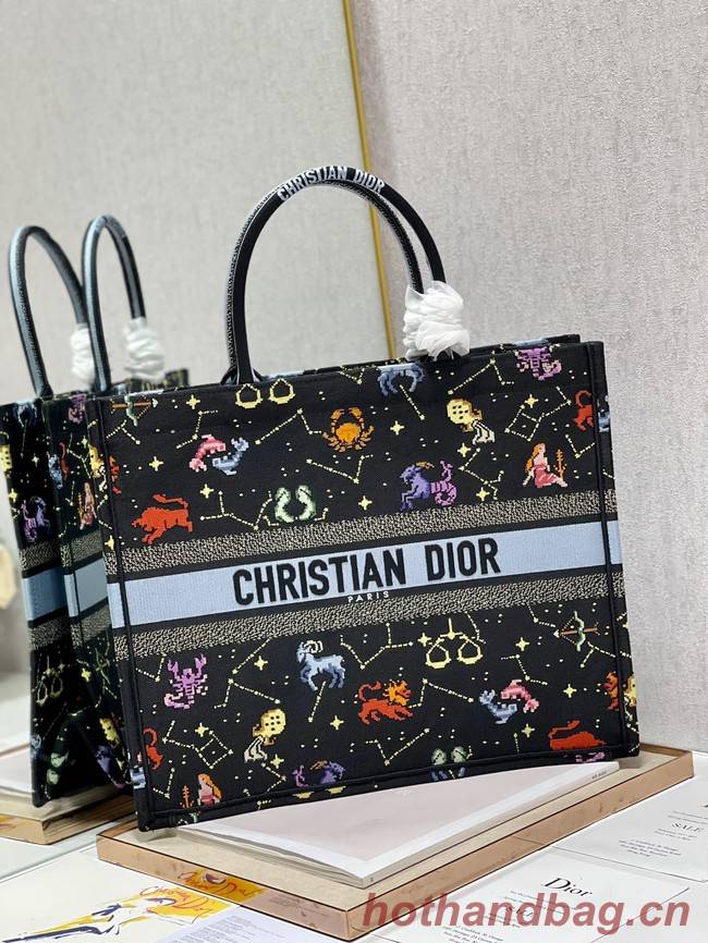 LARGE DIOR BOOK TOTE Black Multicolor Dior Pixel Zodiac Embroidery M1286ZRTY