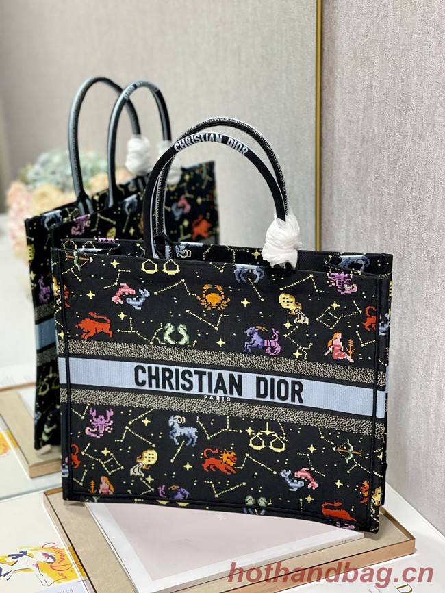 LARGE DIOR BOOK TOTE Black Multicolor Dior Pixel Zodiac Embroidery M1286ZRTY