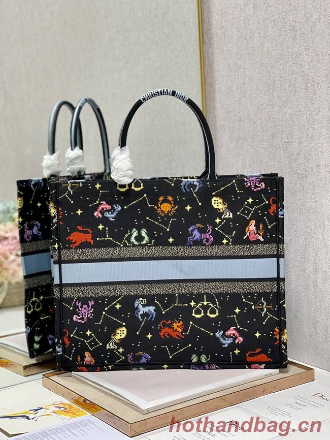 LARGE DIOR BOOK TOTE Black Multicolor Dior Pixel Zodiac Embroidery M1286ZRTY