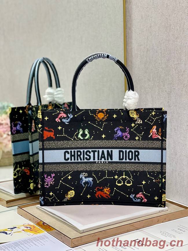 MEDIUM DIOR BOOK TOTE Black Multicolor Dior Pixel Zodiac Embroidery M1296ZRUV