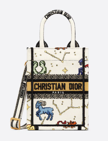 DIOR MINI DIOR BOOK TOTE PHONE BAG Latte Multicolor Dior Pixel Zodiac Embroidery S5555CR