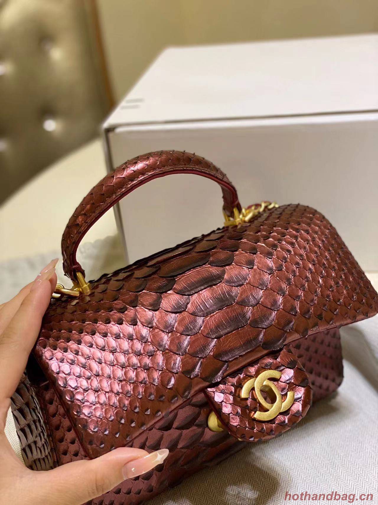 Chanel Snake skin mini flap bag with top handle AS2431 Wine