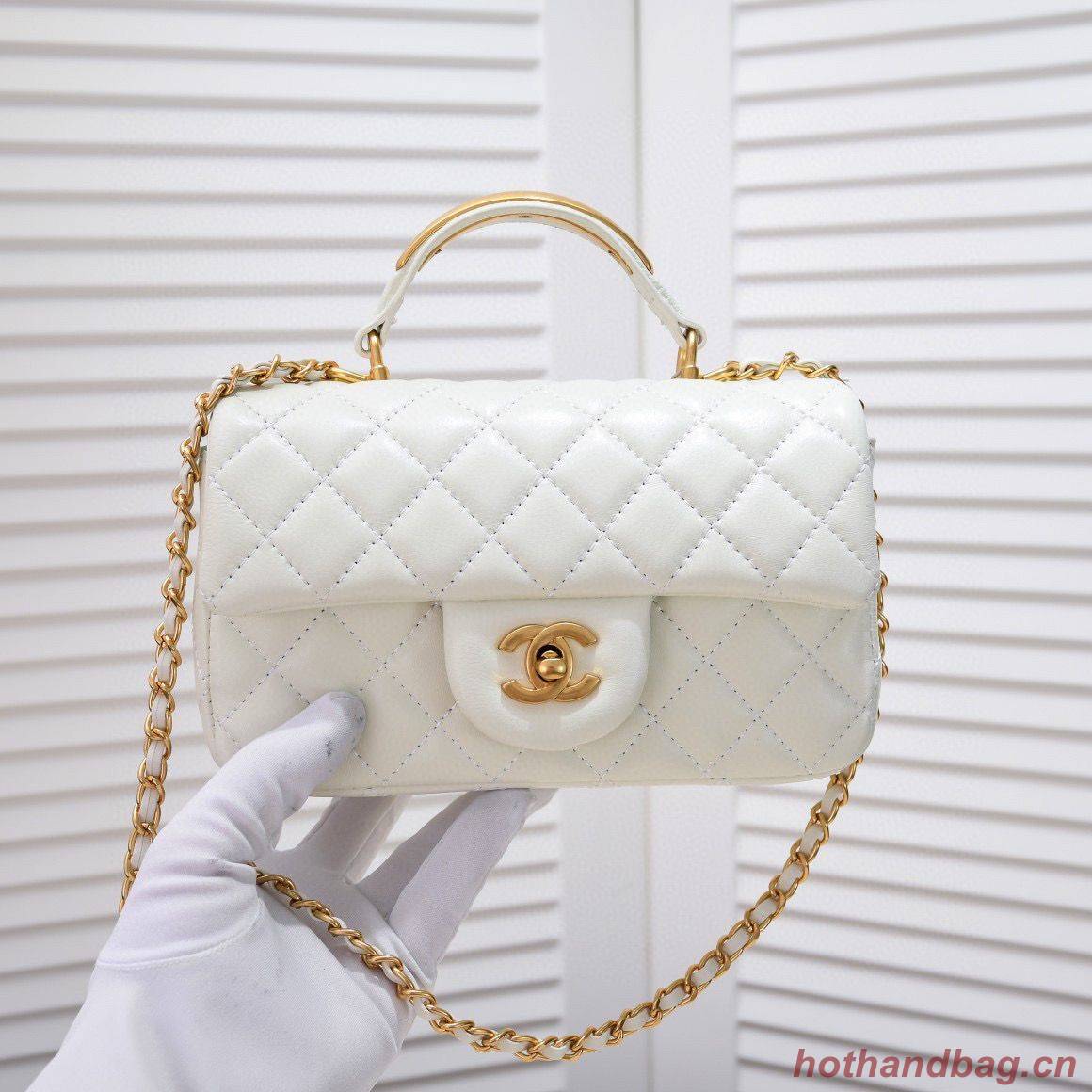 CHANEL 22B mini CF flap bag with Gold hardware top handle AS2431 White