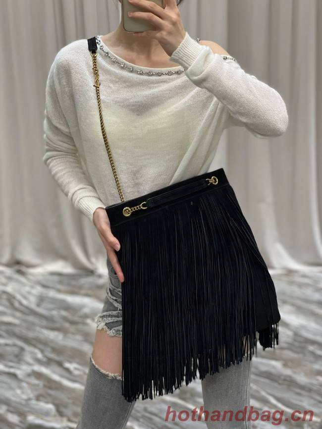 SAINT LAURENT MEDIUM CHAIN BAG IN LIGHT SUEDE WITH FRINGES 633752 BLACK