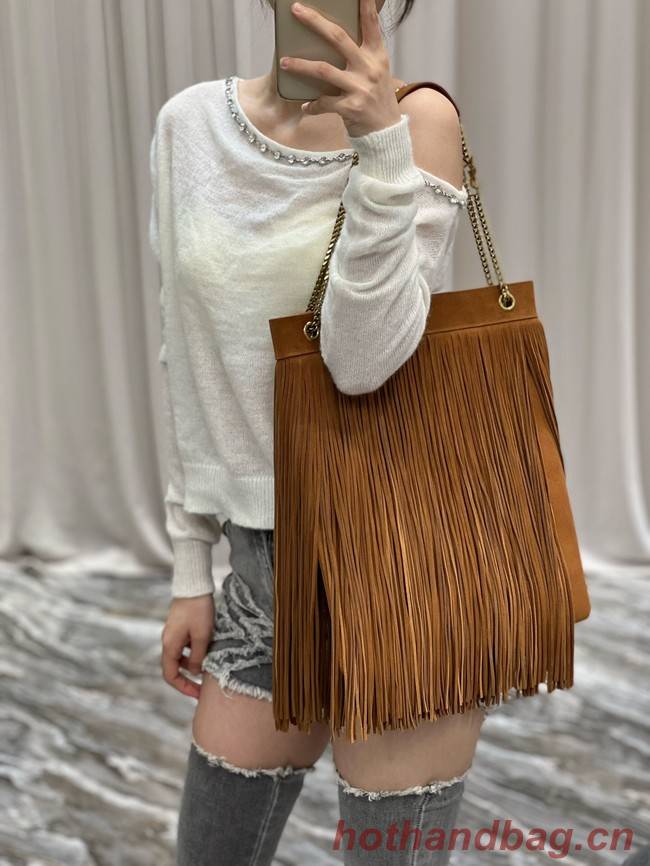 SAINT LAURENT MEDIUM CHAIN BAG IN LIGHT SUEDE WITH FRINGES 633752 Brown