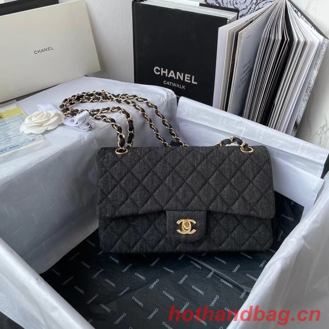 CHANEL CLASSIC HANDBAG Printed Denim & Gold-Tone Metal 1112 BLACK