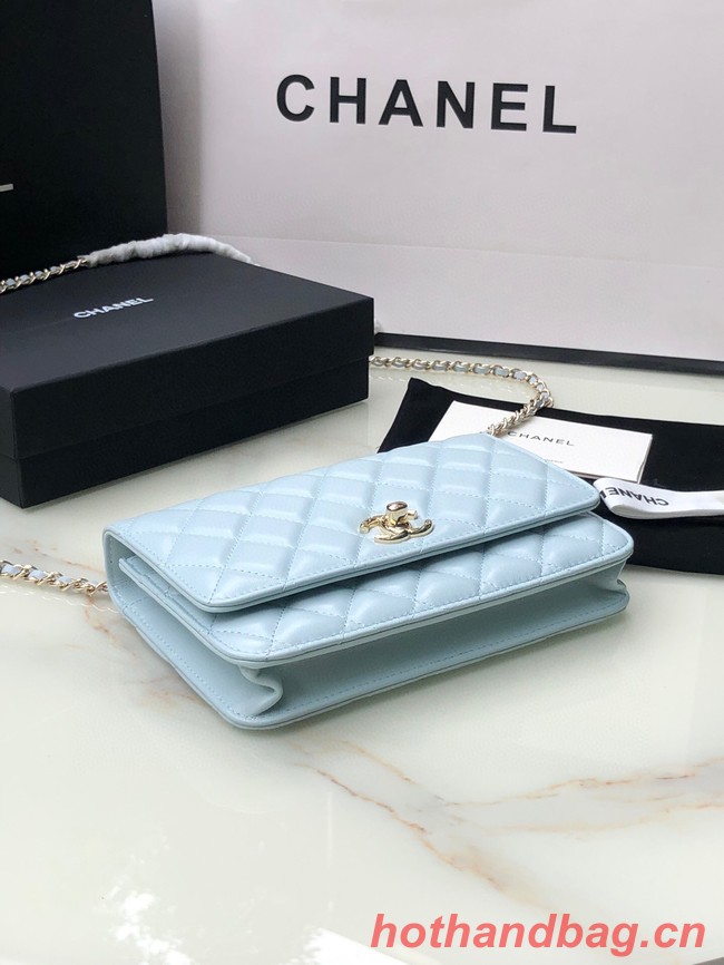 CHANEL WALLET ON CHAIN Lambskin & light Gold-Tone Metal 80892 light blue