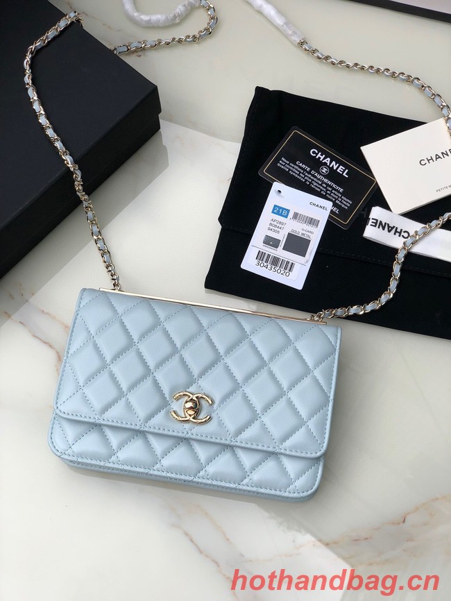 CHANEL WALLET ON CHAIN Lambskin & light Gold-Tone Metal 80892 light blue