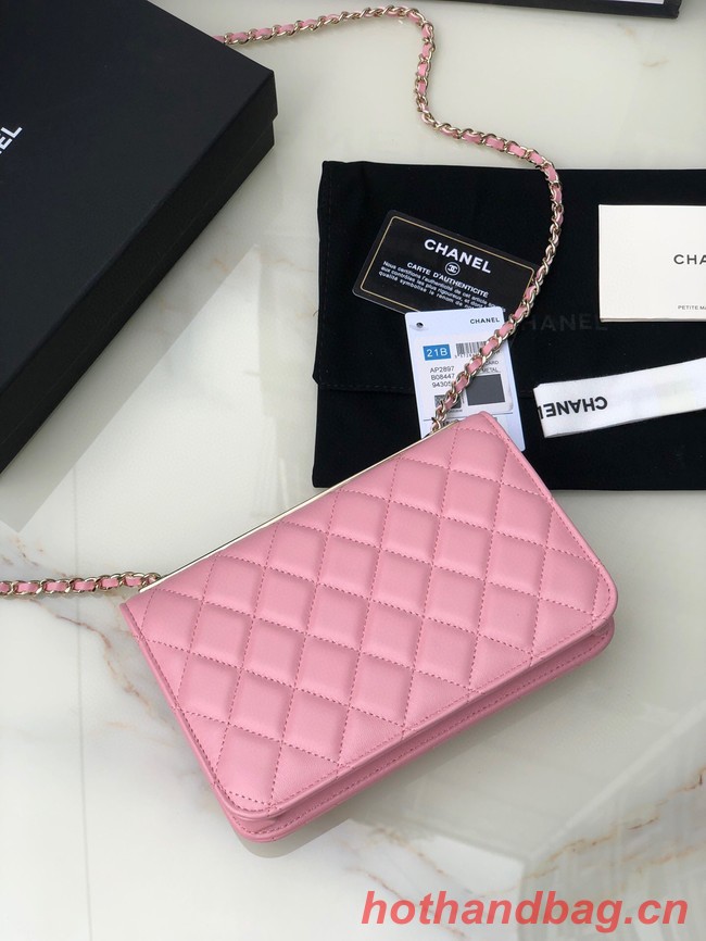 CHANEL WALLET ON CHAIN Lambskin & light Gold-Tone Metal 80892 pink