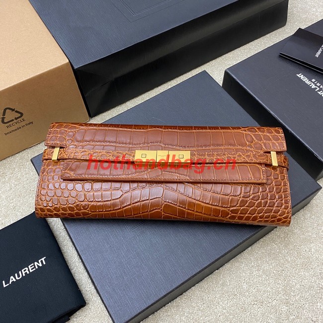 SAINT LAURENT MANHATTAN CLUTCH IN CROCODILE-EMBOSSED LEATHER 695949 DARK CARAMEL