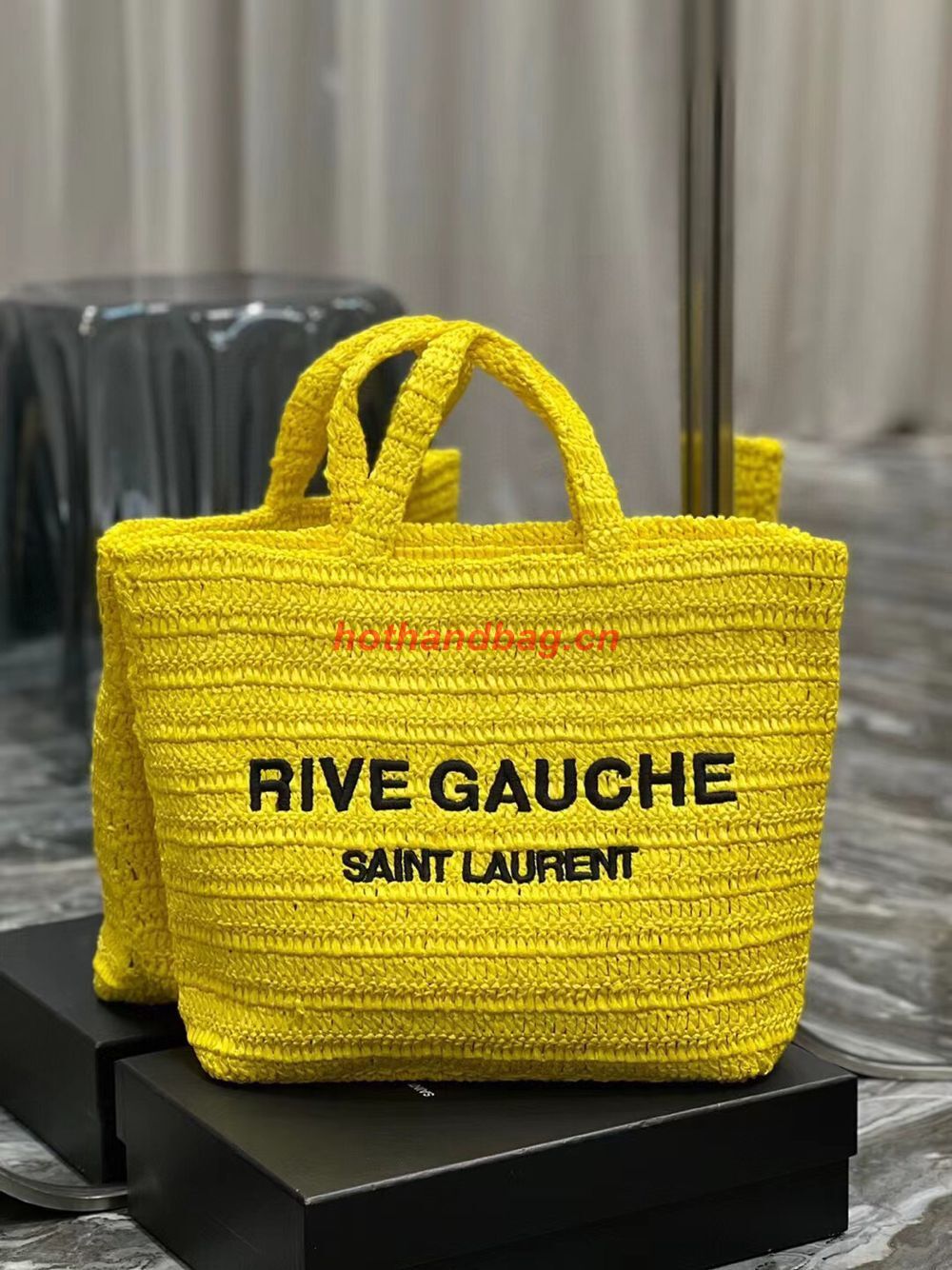 SAINT LAURENT RIVE GAUCHE SUPPLE TOTE BAG IN RAFFIA CROCHET 688864 yellow