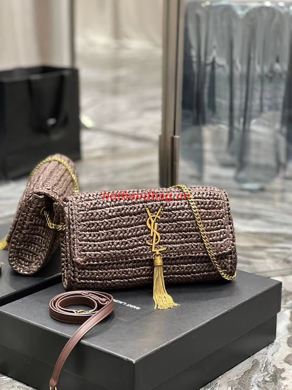 SAINT LAUREN KATE 99 CHAIN BAG WITH TASSEL IN RAFFIA Y664276 Coffee