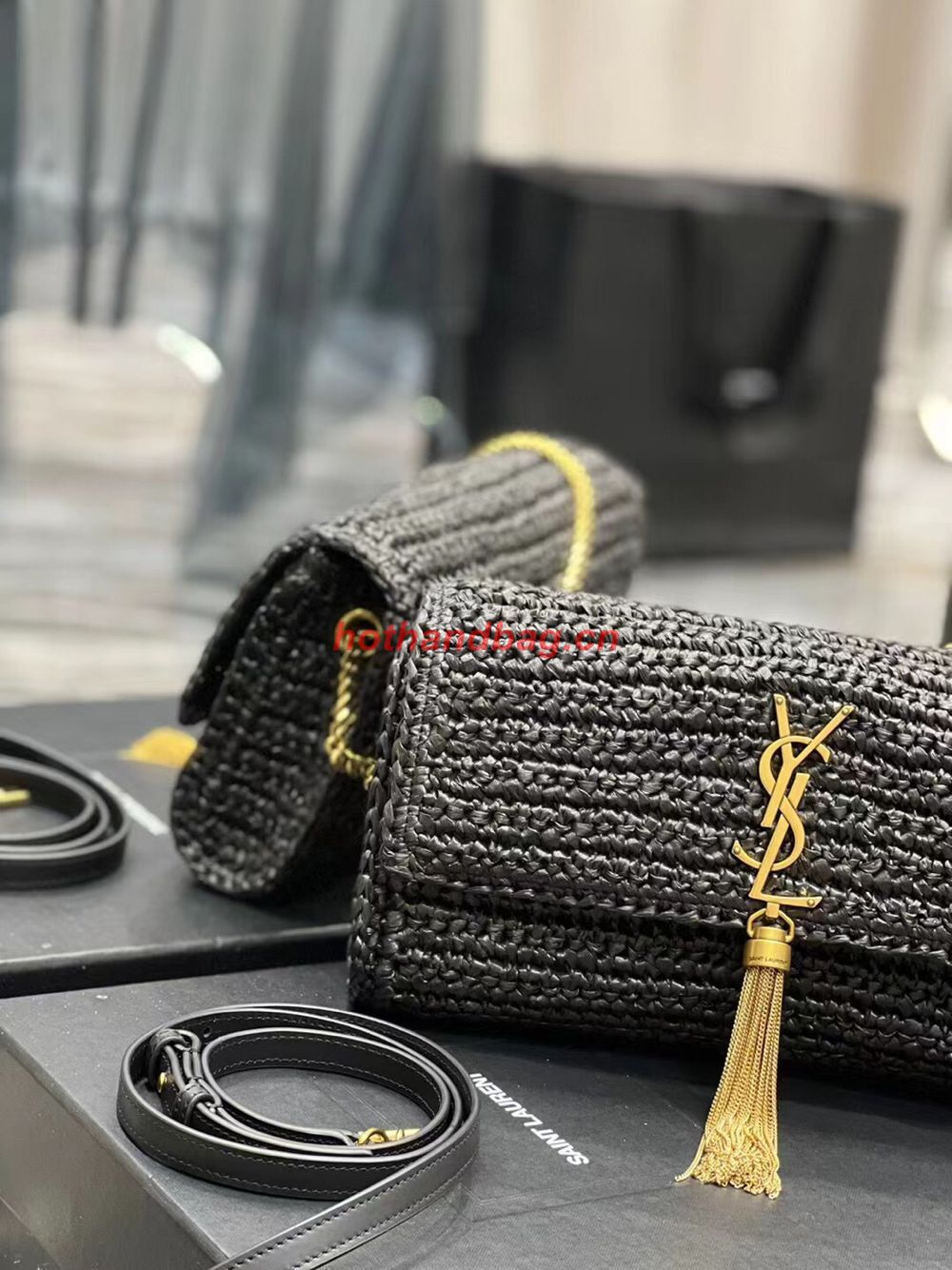 SAINT LAUREN KATE 99 CHAIN BAG WITH TASSEL IN RAFFIA Y664276 black