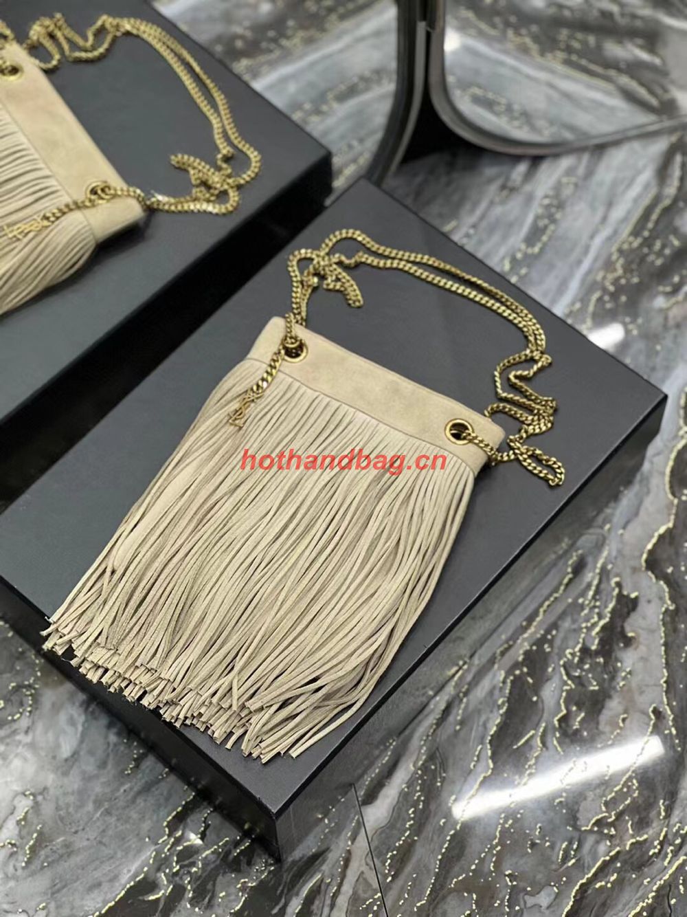 SAINT LAURENT SMALL CHAIN BAG IN LIGHT SUEDE WITH FRINGES 683378 GRAY