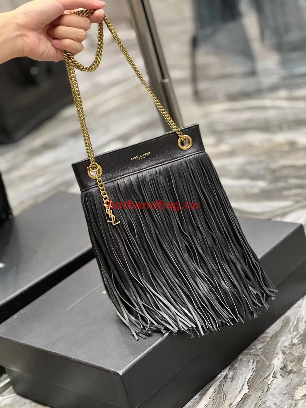 SAINT LAURENT SMALL CHAIN BAG IN SMOOTH LEATHER WITH FRINGES 683378 BLACK