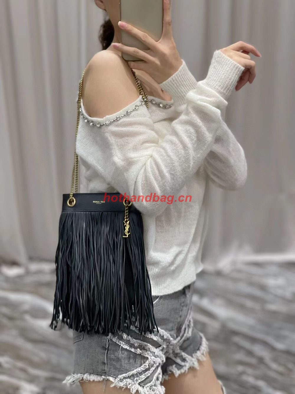 SAINT LAURENT SMALL CHAIN BAG IN SMOOTH LEATHER WITH FRINGES 683378 BLACK