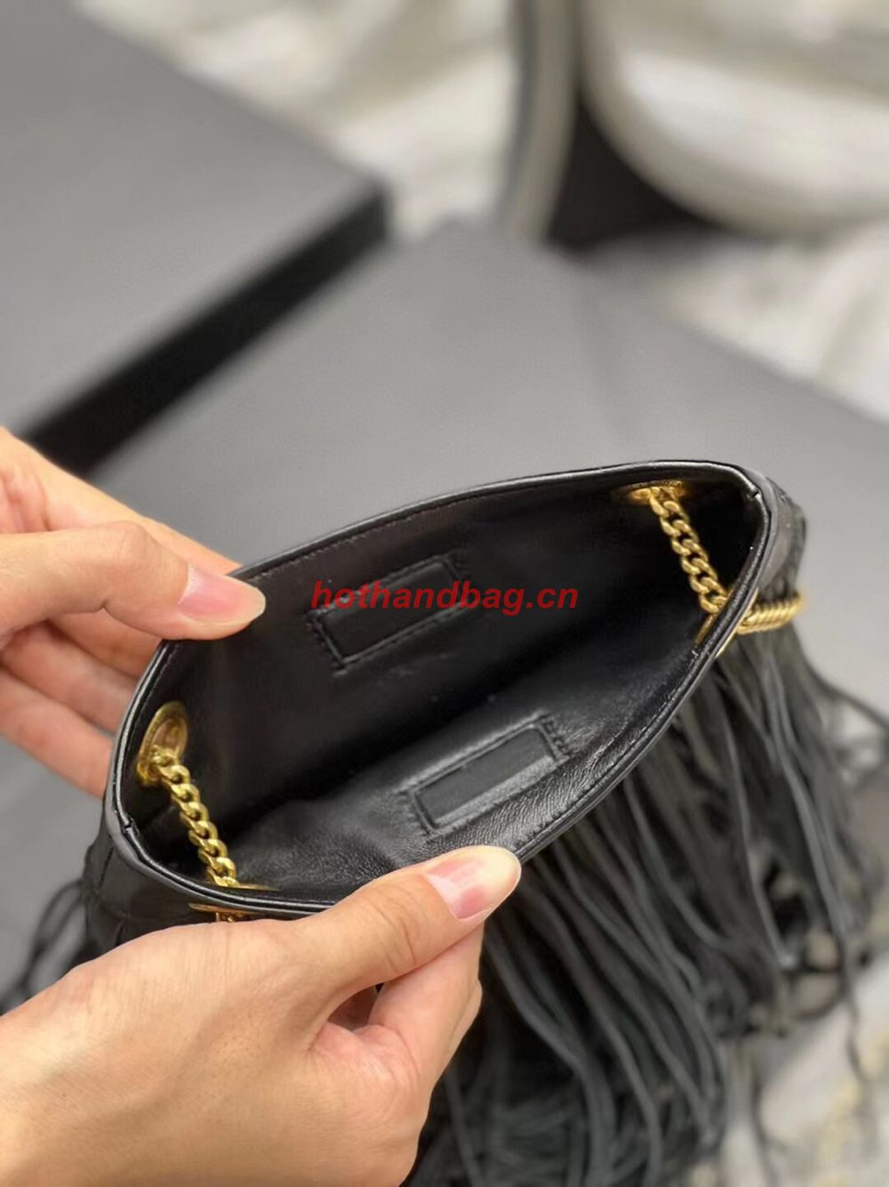 SAINT LAURENT SMALL CHAIN BAG IN SMOOTH LEATHER WITH FRINGES 683378 BLACK