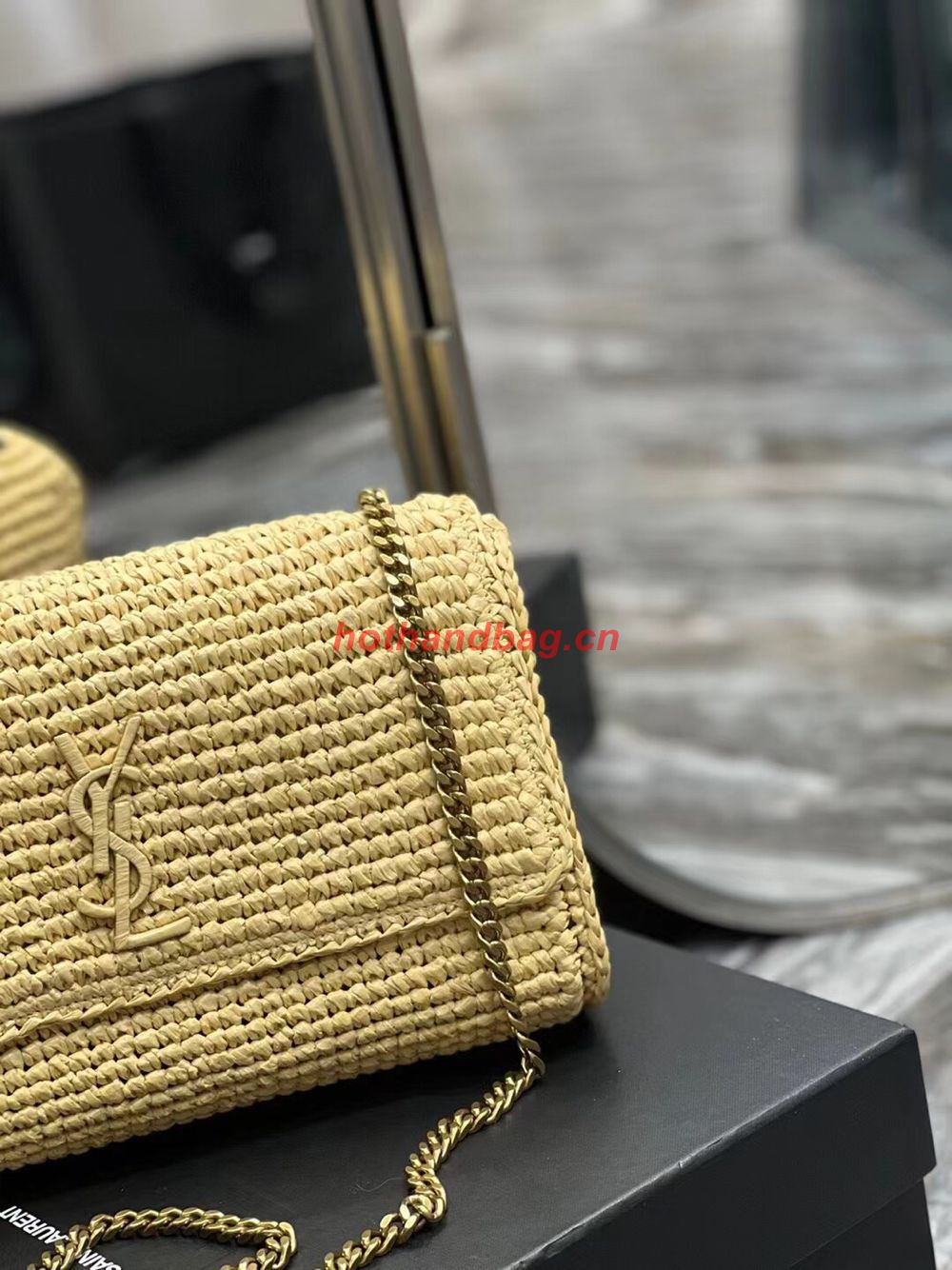 SAINT LAUREN KATE 99 CHAIN BAG IN RAFFIA Y685384 apricot