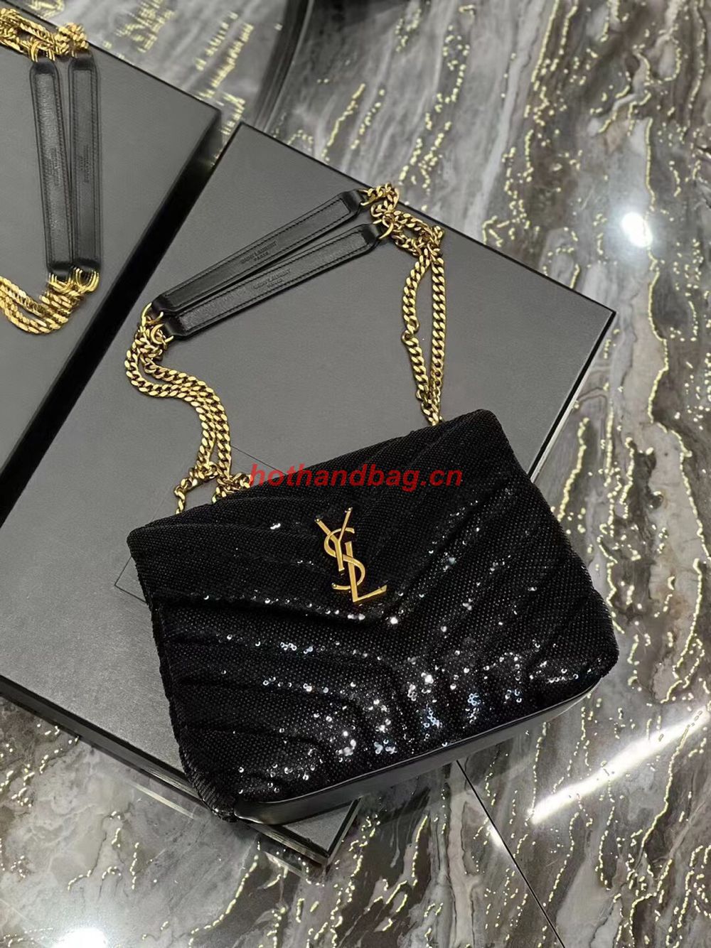 SAINT LAURENT LOULOU SMALL CHAIN BAG IN QUILTED Y LEATHER SATIN AND SEQUINS 494699 black