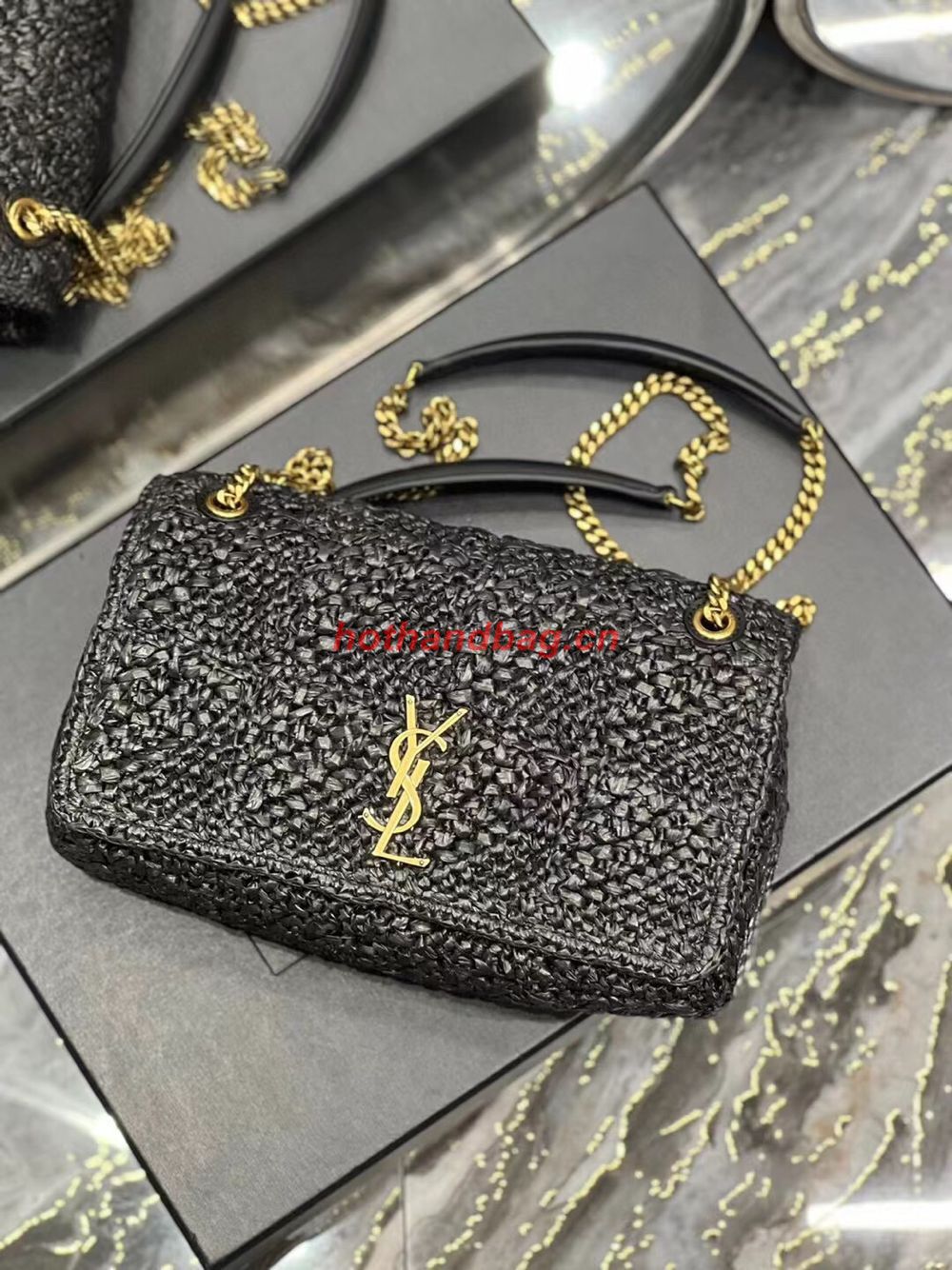 SAINT LAURENT JAMIE MEDIUM CHAIN BAG CARRE RIVE GAUCHE IN CROCHET RAFFIA AND SMOOTH LEATHER 515821 BLACK