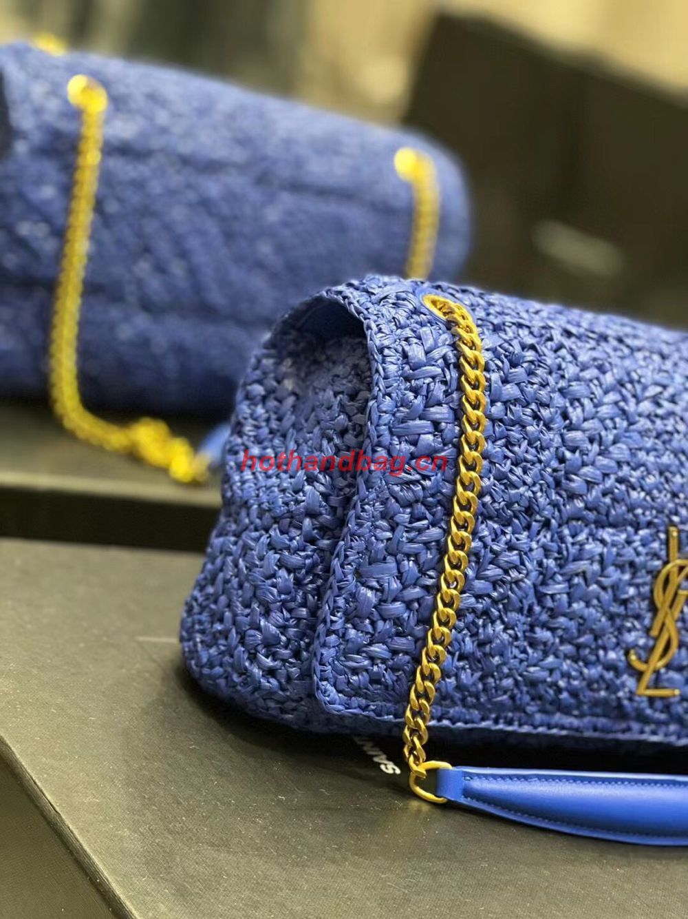 SAINT LAURENT JAMIE MEDIUM CHAIN BAG CARRE RIVE GAUCHE IN CROCHET RAFFIA AND SMOOTH LEATHER 515821 BLUE