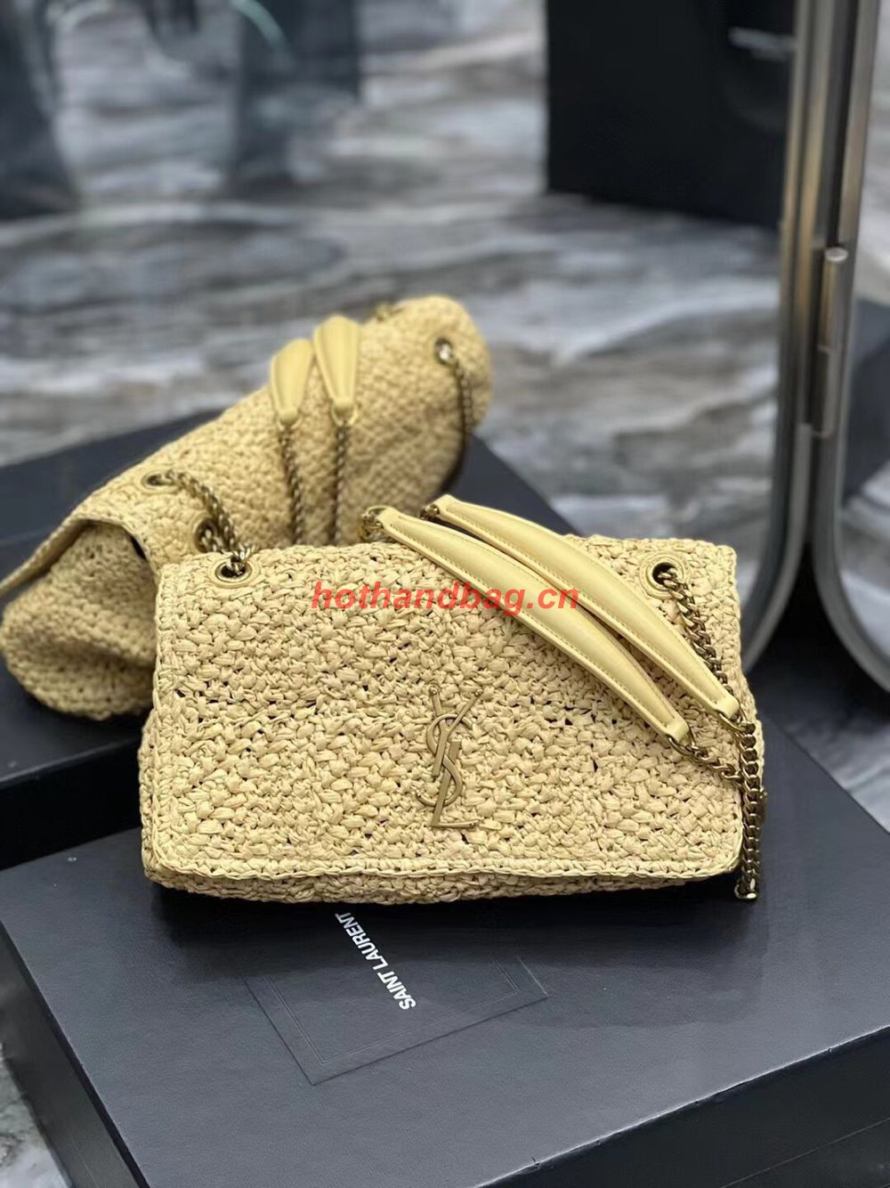 SAINT LAURENT JAMIE MEDIUM CHAIN BAG CARRE RIVE GAUCHE IN CROCHET RAFFIA AND SMOOTH LEATHER 515821 NATUREL