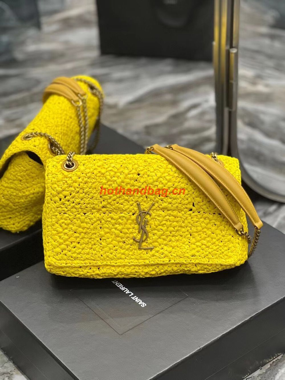 SAINT LAURENT JAMIE MEDIUM CHAIN BAG CARRE RIVE GAUCHE IN CROCHET RAFFIA AND SMOOTH LEATHER 515821 YELLOW