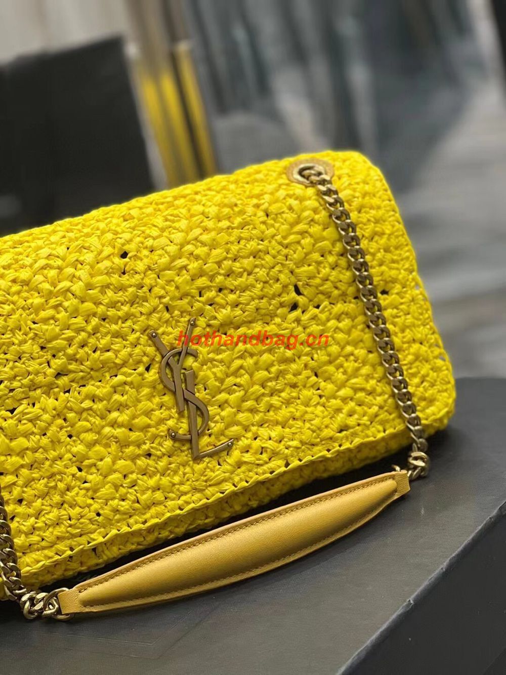 SAINT LAURENT JAMIE MEDIUM CHAIN BAG CARRE RIVE GAUCHE IN CROCHET RAFFIA AND SMOOTH LEATHER 515821 YELLOW