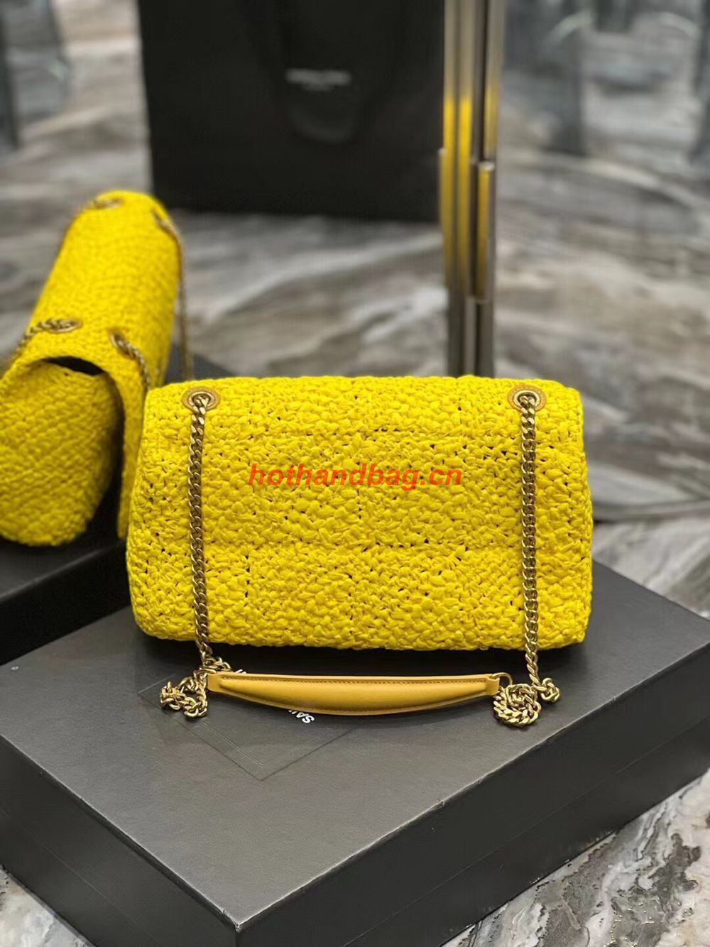 SAINT LAURENT JAMIE MEDIUM CHAIN BAG CARRE RIVE GAUCHE IN CROCHET RAFFIA AND SMOOTH LEATHER 515821 YELLOW