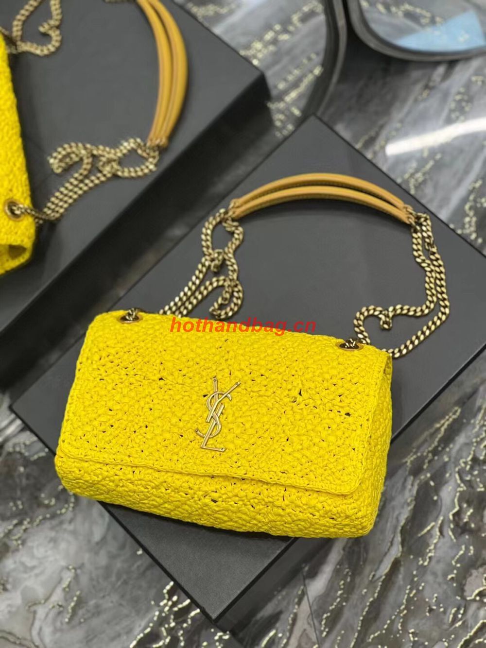 SAINT LAURENT JAMIE MEDIUM CHAIN BAG CARRE RIVE GAUCHE IN CROCHET RAFFIA AND SMOOTH LEATHER 515821 YELLOW