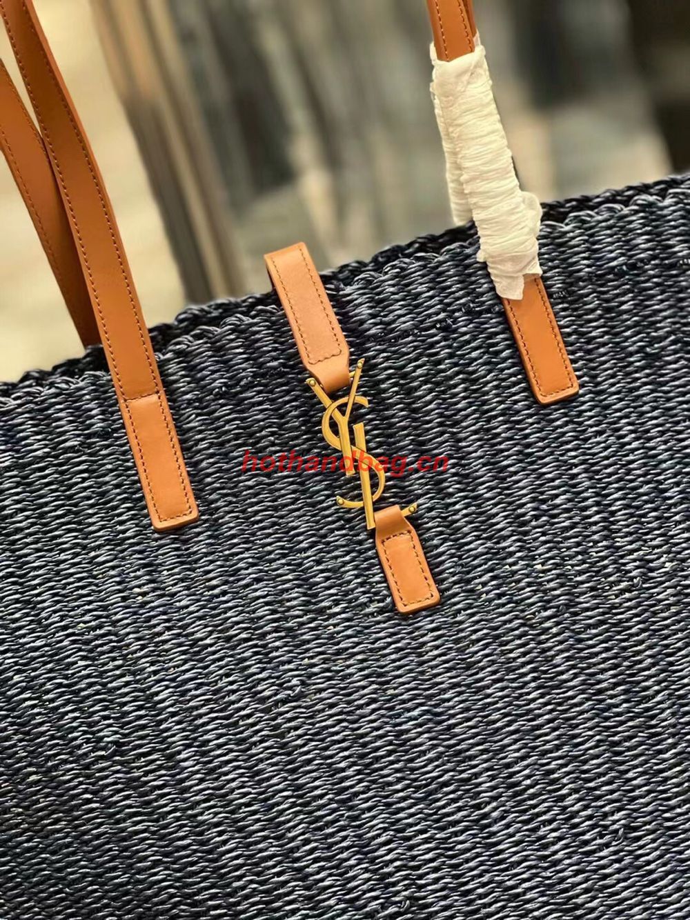 SAINT LAURENT PANIER MEDIUM BAG IN CROCHET RAFFIA AND SMOOTH LEATHER 688221 dark blue