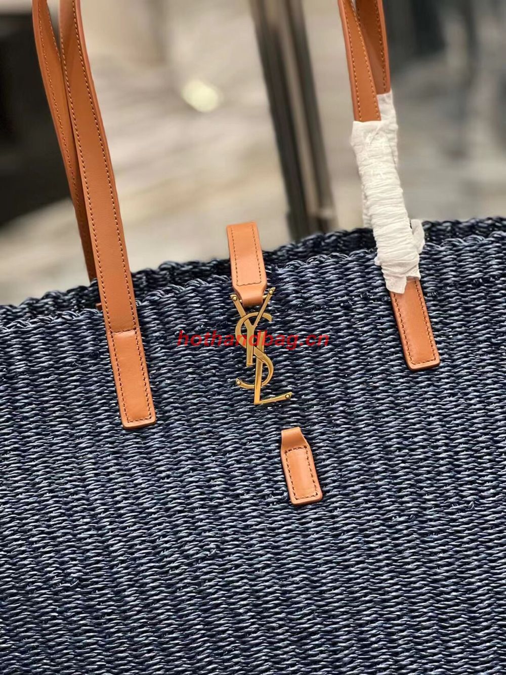 SAINT LAURENT PANIER MEDIUM BAG IN CROCHET RAFFIA AND SMOOTH LEATHER 688221 dark blue