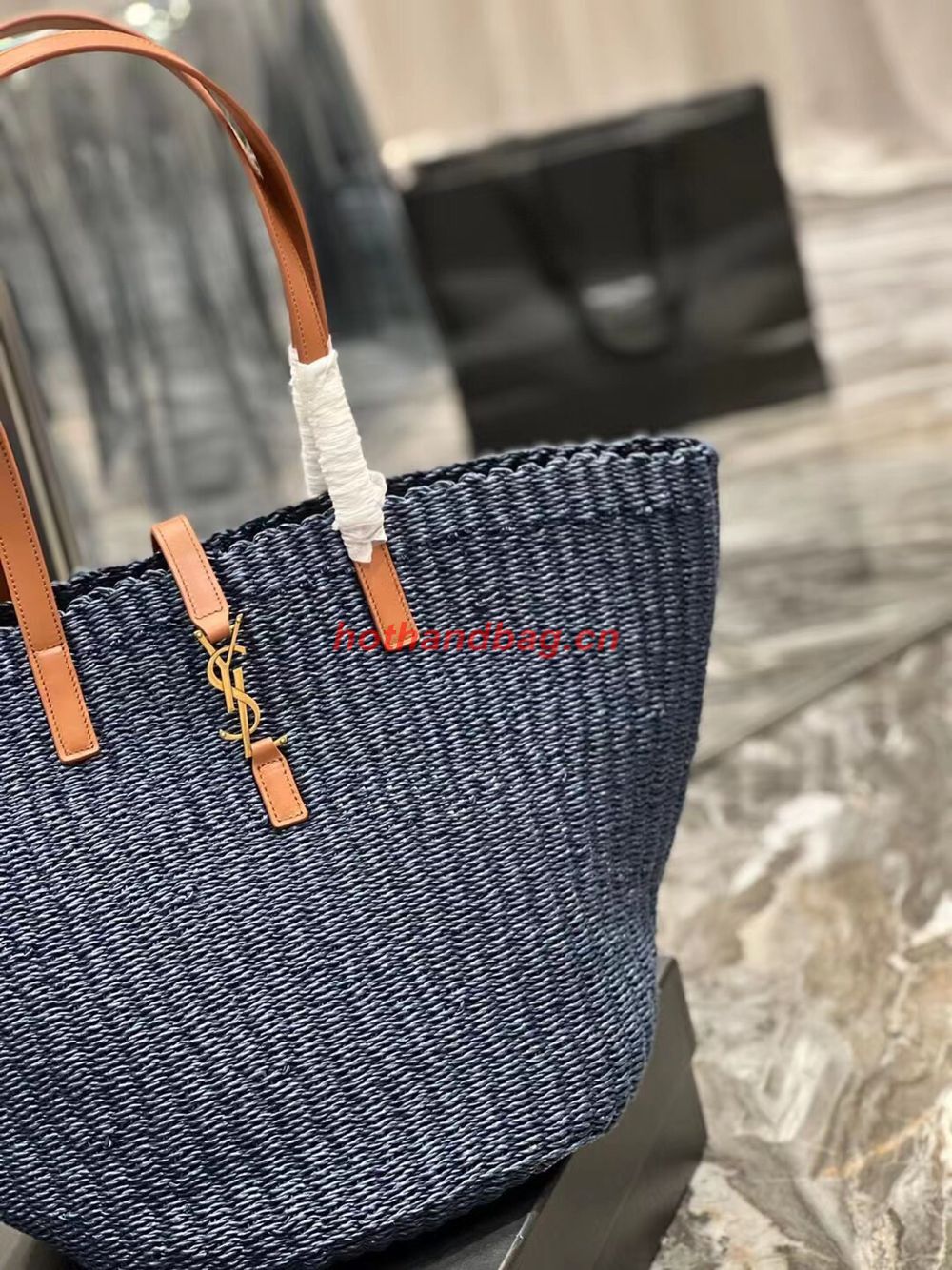 SAINT LAURENT PANIER MEDIUM BAG IN CROCHET RAFFIA AND SMOOTH LEATHER 688221 dark blue