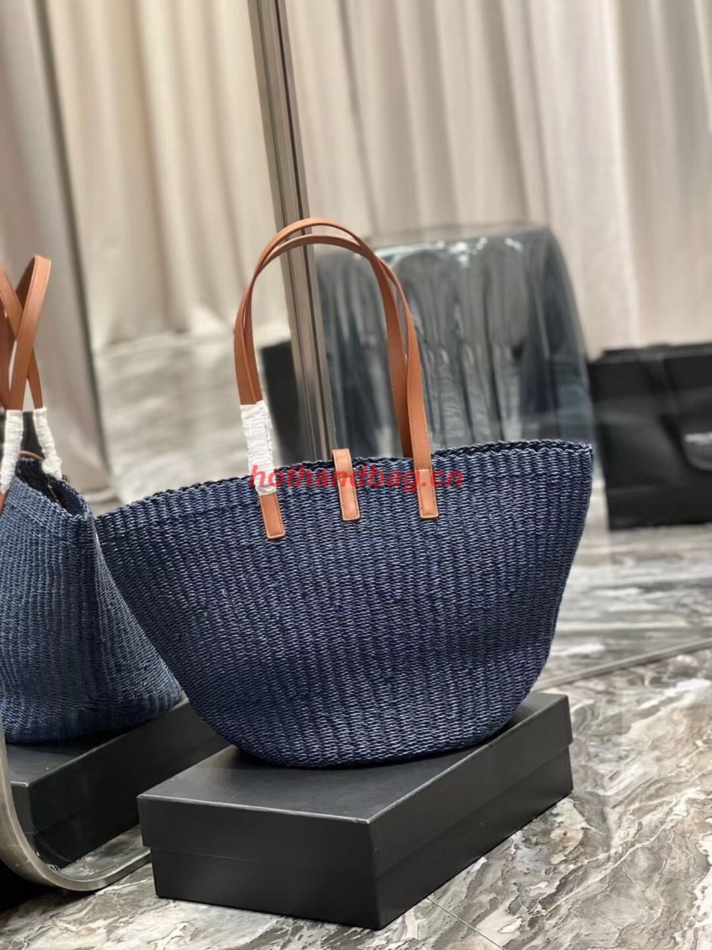 SAINT LAURENT PANIER MEDIUM BAG IN CROCHET RAFFIA AND SMOOTH LEATHER 688221 dark blue