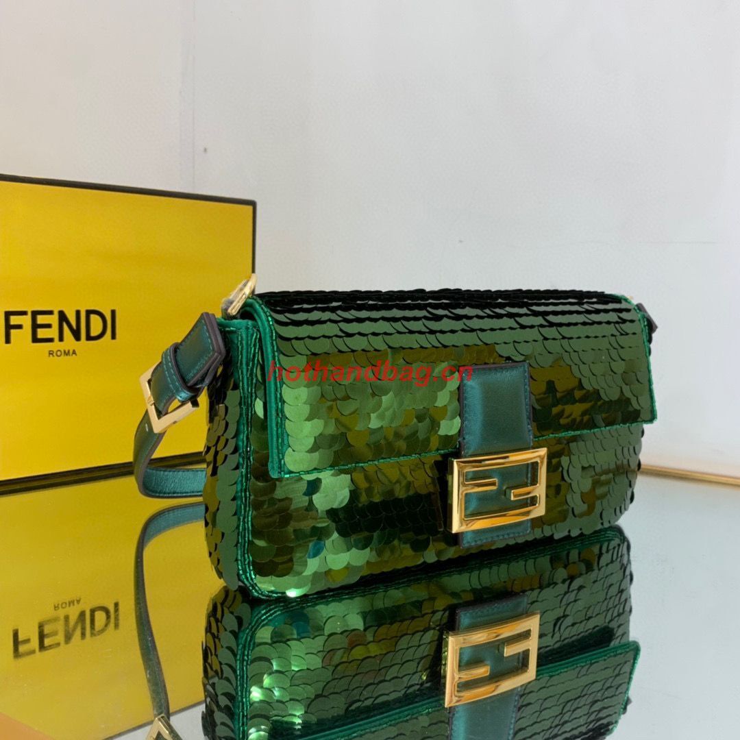 Fendi FF Baguette Gold Metal Sequin Embroidery Bag 2017 Green