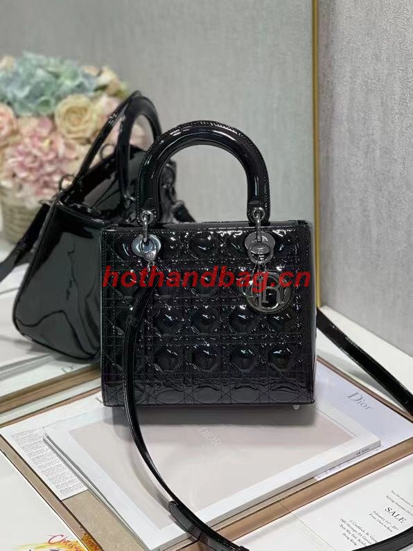 MEDIUM LADY DIOR BAG Black Patent Cannage Calfskin M0565OW Black-Tone